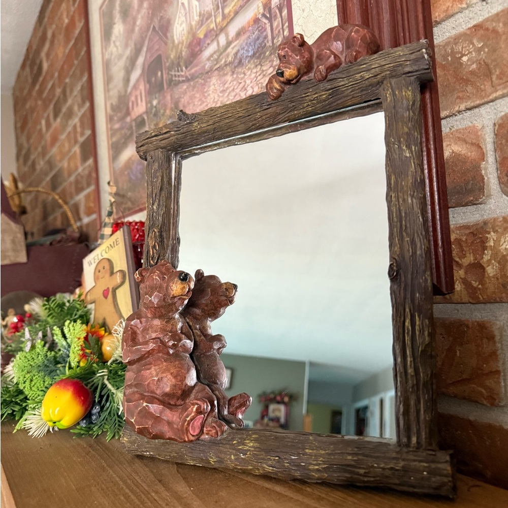 Vintage 1988 Bear-Themed Rustic Heavy Duty Log Cabin Mirror